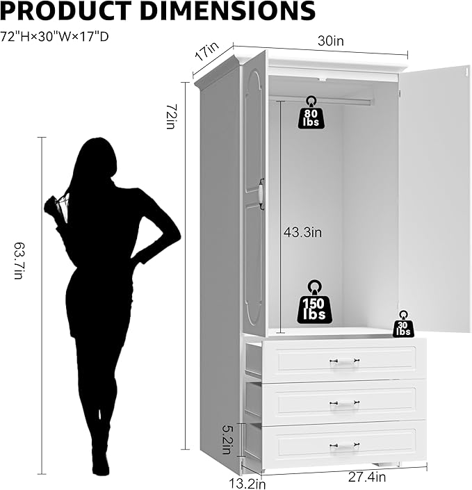 FJTJBSI Armoire Wardrobe Closet with 3 Drawers and LED Light 72" Wooden Bedroom Armoire with 2 Doors and Retro Ceramic Door Handles Modern Wardrobe Cabinet with Removable Hanging Rod White