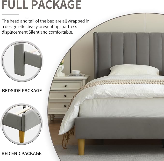 YUHUASHI upholstered Platform Bed Frame/King Bed Frame/Modern Geometric Double-Wing Design headboard/Velvet Fabric/Easy to Assemble no Noise (Grey, King (U.S. Standard))