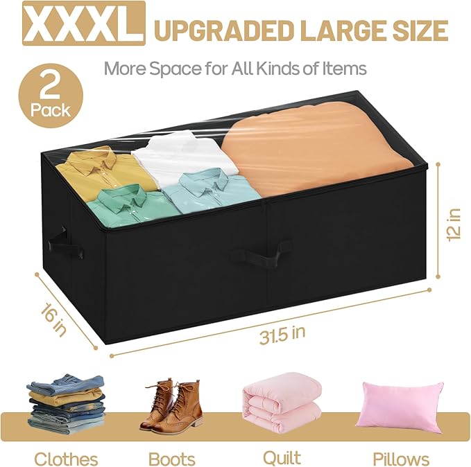 Large Under Bed Storage Containers, 12 inch Tall Underbed Storage Bins with Clear Lids, Deep Under Dorm Bed Storage Drawers Organizer for Shoes, Clothes, Blankets (2 Pack, Black, 31.5"x16"x12")