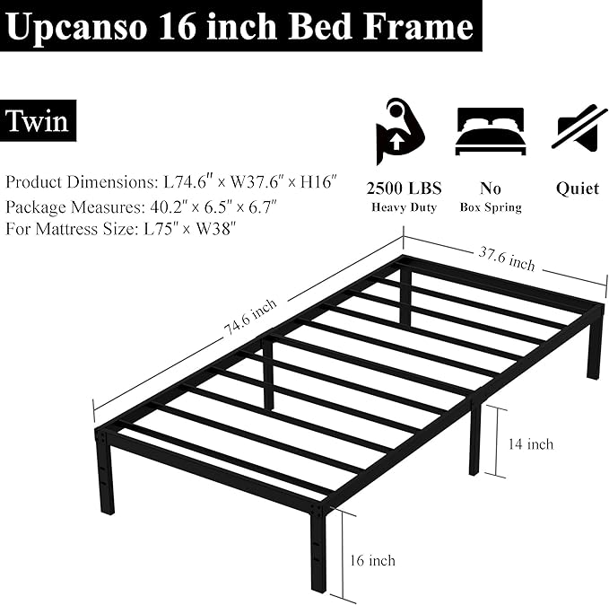 Upcanso 16 Inch Twin Bed Frames No Box Spring Need, Metal Platform Bed Frame Twin Size Heavy Duty Mattress Foundation with 14 Inch Storage, Eassy Assembly 2,500 lbs Steel Slats Support, Black
