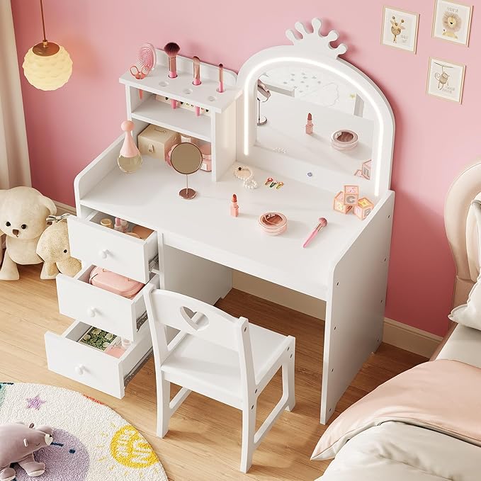GarveeHome Kids Vanity Desk with Mirror and Lights, White Princess Wooden Makeup Vanity with Chair, Storage Shelves and Drawers, 2-in-1 Girls Dressing Table