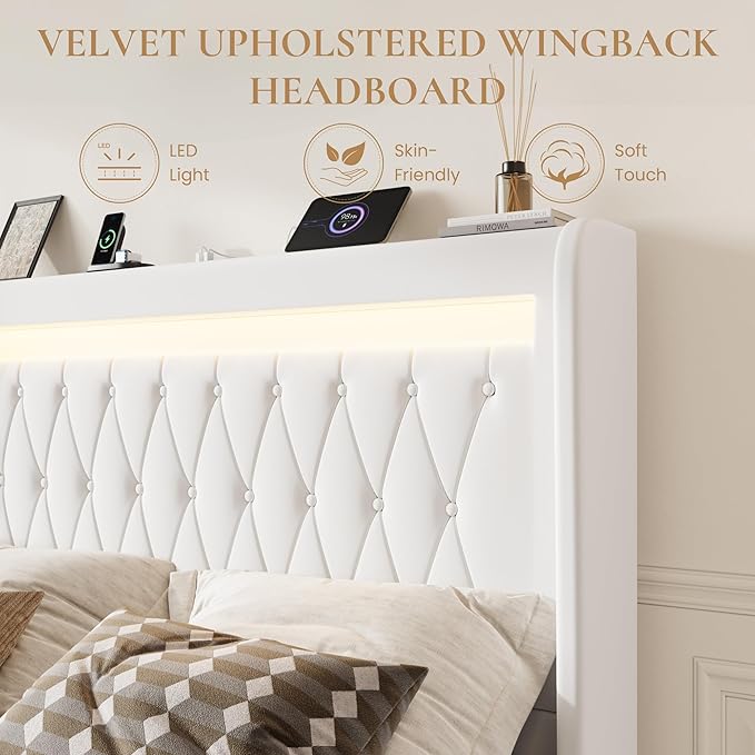SHA CERLIN King Size LED Bed Frame with Charging Station, Velvet Upholstered Platform Bed with High Wingback Headboard, No Box Spring Needed, Easy Assembly, White