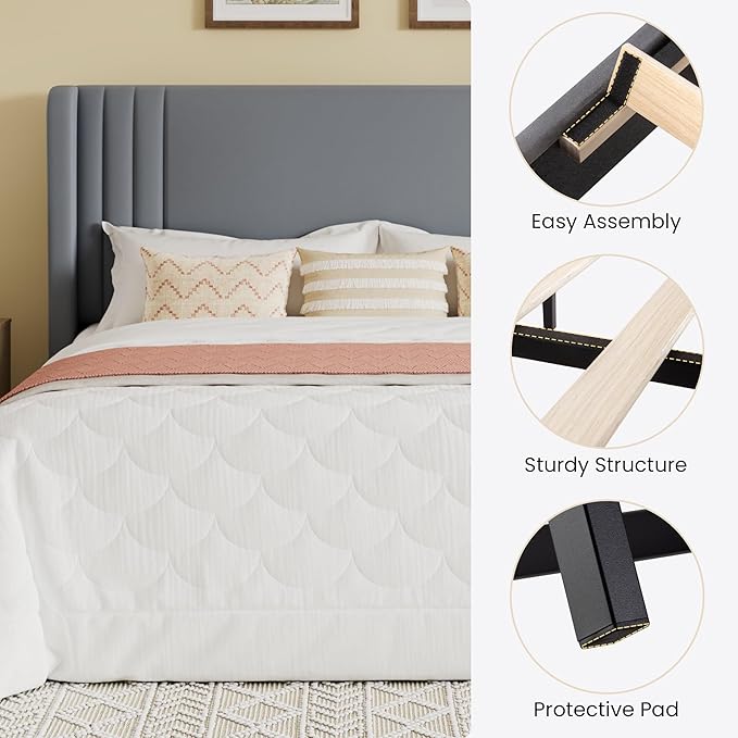 SHA CERLIN Full Size Velvet Upholstered Platform Bed Frame with Vertical Channel Tufted Wingback Headboard, Wooden Slats Support, Easy Assembly, Under Bed Storage, No Box Spring Required, Grey