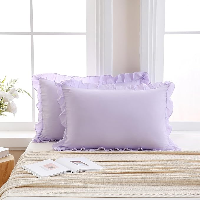Merryword Lilac Purple Pillow Shams Soft Ruffle Standard Pillowcases Cute Pillow Cover Set of 2 Shabby Chic Soft Microfiber Pillowcases 2 Pack