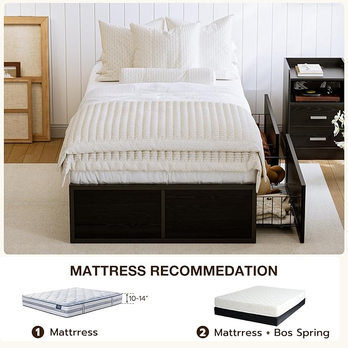 GAZHOME Twin XL Bed Frame with 2 XL Storage Drawers, Metal Platform Bed Frame with Footboard, 9 Strong Metal Slat Support/No Box Spring Needed/Easy Assembly/Space Saving,Black