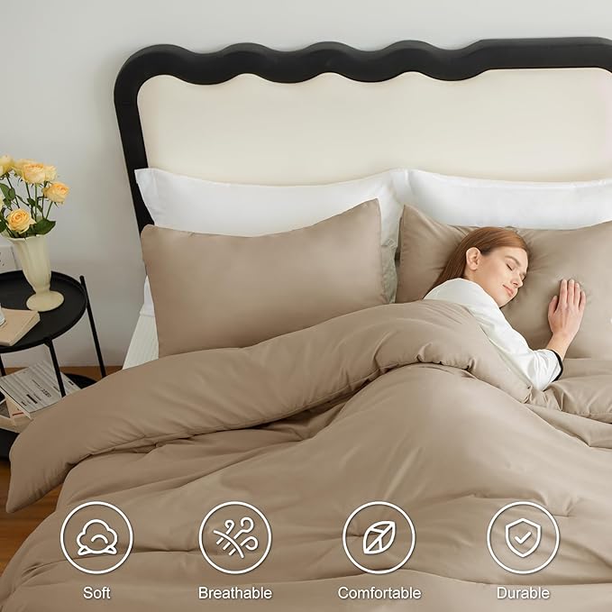 CozyLux King Size Comforter Set Taupe, 3 Pieces Solid Comforters King Size Breathable Quilted Bedding Sets, Luxury Soft Lightweight Bed Set with Down Alternative Comforter and 2 Pillowcases All Season