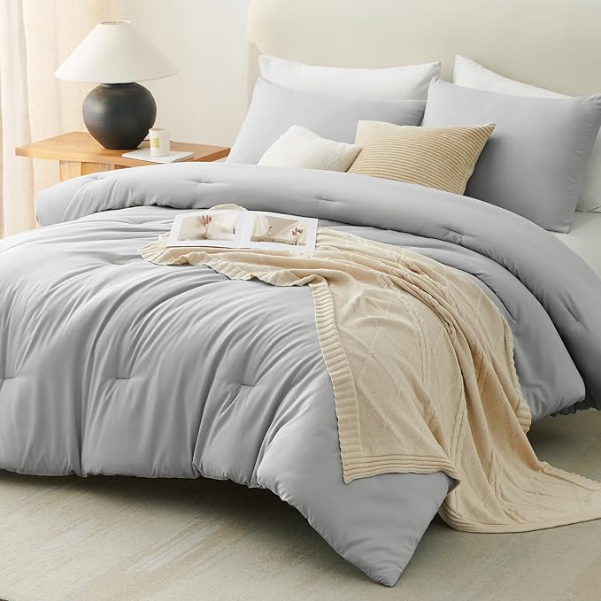 CozyLux Queen Comforter Set Light Grey, 3 Pieces Solid Comforters Queen Size Breathable Bedding Sets, Light Gray Luxury Soft Lightweight Bed Set with Down Alternative Comforter and 2 Pillowcases