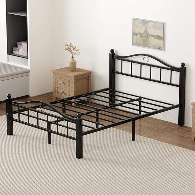 Metal Full Size Bed Frames with Headboard, 1500lb No Squeak Metal Platform with Headboard, 12" Underbed Storage, Tool-Free 30-Min Assembly No Box Spring Needed for Dorms/Apartments