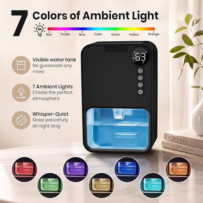 Dehumidifier,128oz Visible Water Tank 1000 sq.ft Dehumidifier for Home – Quiet Portable Unit with 24-Hour Timer, Auto Shut-off, Sleep Mode & 7-Color Night Light for Bathroom, Bedroom, Basement, RV