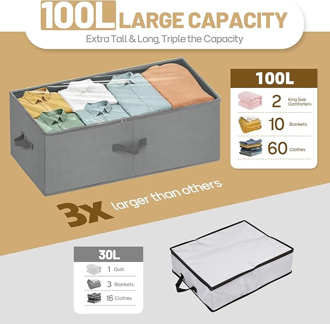 Large Under Bed Storage Containers, 12 inch Tall Underbed Storage Bins with Clear Lids, Deep Under Dorm Bed Storage Drawers Organizer for Shoes, Clothes, Blankets (2 Pack, Grey, 31.5"x16"x12")