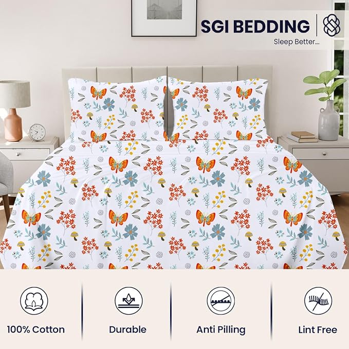 SGI bedding RV Short Queen Sheet Set 60x75, 600 TC Egyptian Cotton, 4 Piece Luxury Hotel Collection, Ultra Soft & Breathable, Fits RV Mattress Camper & Trailer, 15 Inch Pocket, Butterfly Garden