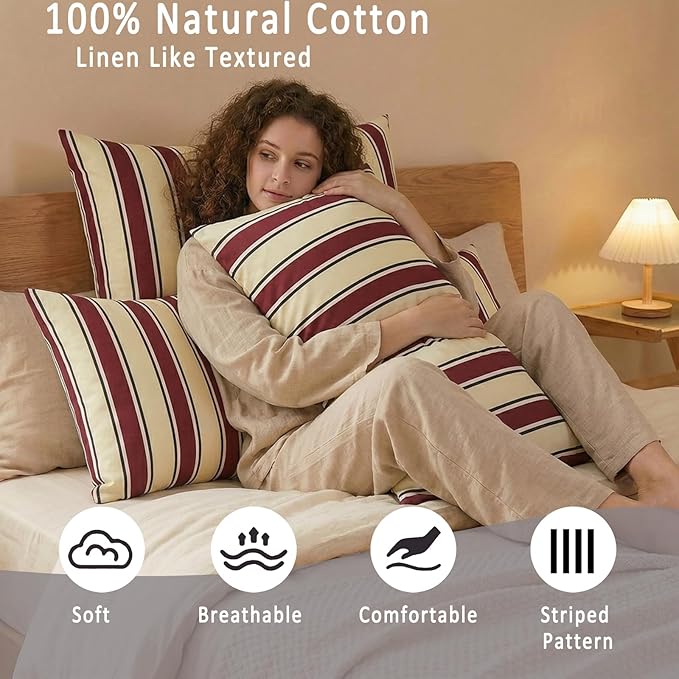 Merryword 100% Cotton Pillow Cases, Queen Size Pillowcases, Burgundy & Cream Striped Pillowcases, Luxury Linen Like Pillowcase, Soft Breathable Stripes Pillow Covers, Set of 2