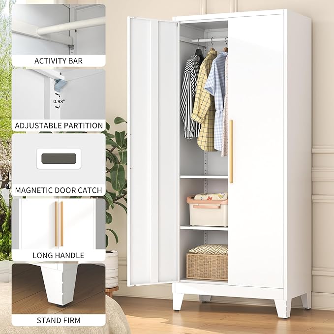 72" Tall Metal Armoire Wardrobe Closet - Large Clothing Storage Cabinet with 1 Hanging Rod,2 Adjustable Shelves & 2 Doors - Closet Organizer for Bedroom,Office, Laundry Room, Garage - White