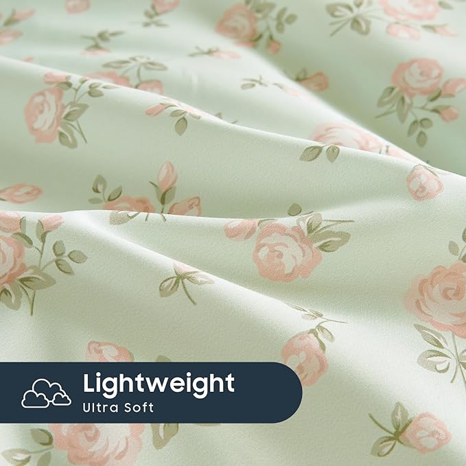 Wake In Cloud - Coquette Duvet Cover Set, Floral Cottagecore Flower Shabby Chic Cute Aesthetic, Soft Lightweight Bedding for Women Teen Girls, 3-Piece, Green Pink, Twin/Twin XL Size