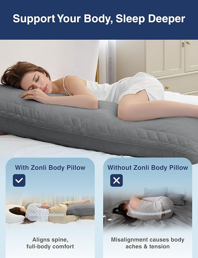 ZonLi Long Body Pillow for Adults, Firm Body Pillow with Adjustable Shredded Memory Foam, Soft Support for Side Sleepers, Pregnant Women, Washable Quilted, 20 x 54 Inch, Grey