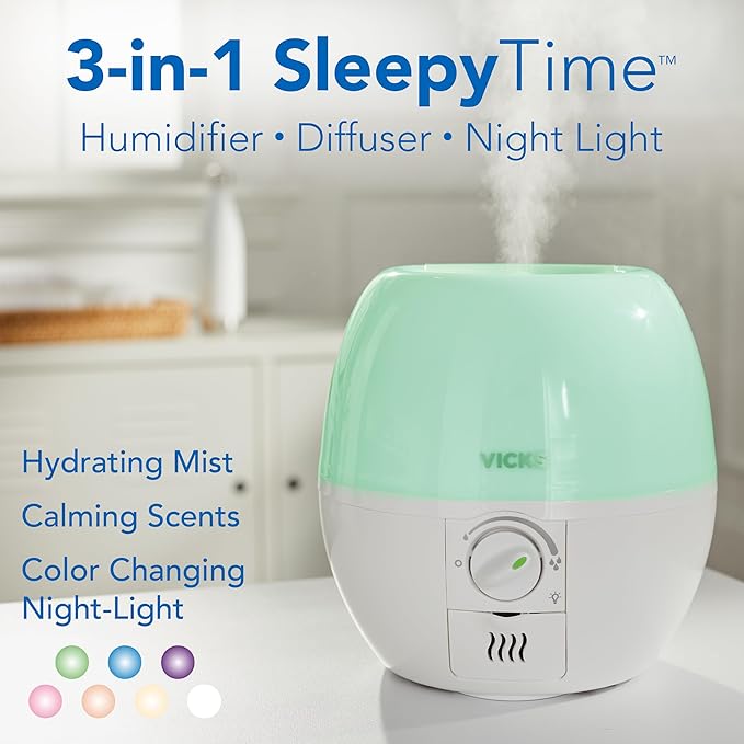 Vicks Humidifier 3-in-1 SleepyTime Cool Mist Humidifier for Baby & Kids Rooms with Color Changing Night Light and Essential Oil Diffuser, White