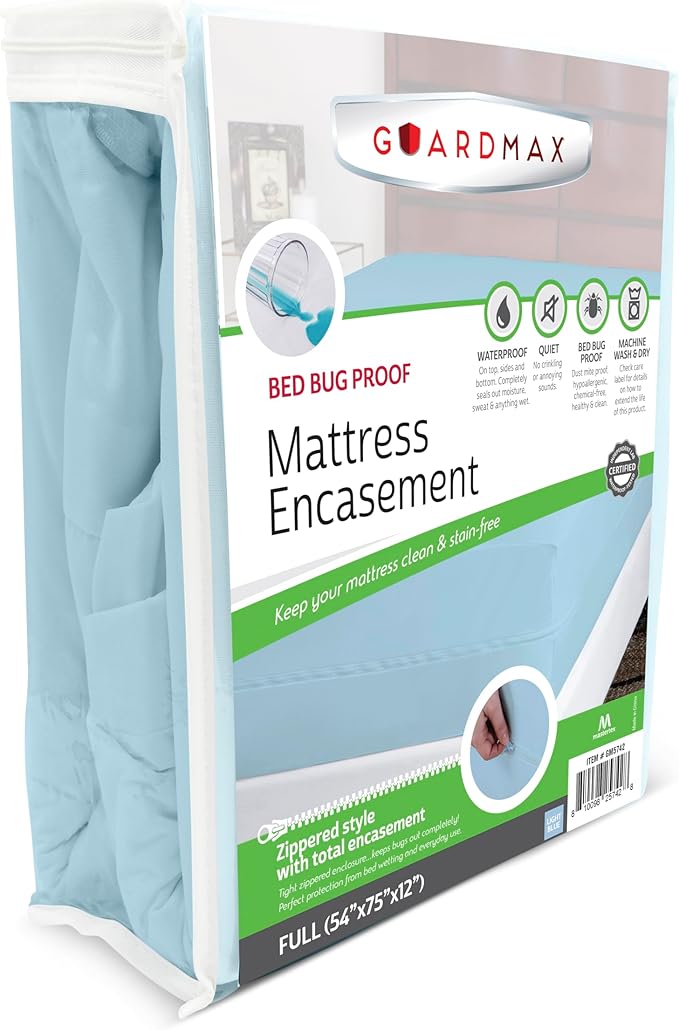 Guardmax Full Mattress Encasement with Zipper, Waterproof, Bed Bug Proof, and Dust Mite Proof Mattress Protector for Full Size Bed up to 12" Deep, Zippered All Around Jersey Knitted Mattress Cover