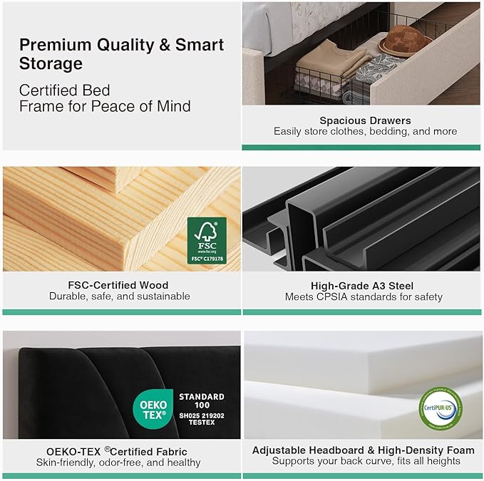 Novilla King Bed Frame and Headboard, King Size Bed Frame with Storage Drawers, King Bed Frame with LED Lights, Charging Station and Adjustable Headboard, No Box Spring Needed, Black Velvet