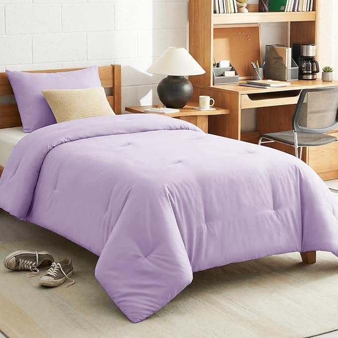 CozyLux Twin Comforter Set Lavender, 2 Pieces Twin Extra Long Solid Breathable Bedding Set for College Dorm, Twin XL Light Purple Luxury Soft Bed Set with Down Alternative Comforter and 1 Pillowcase