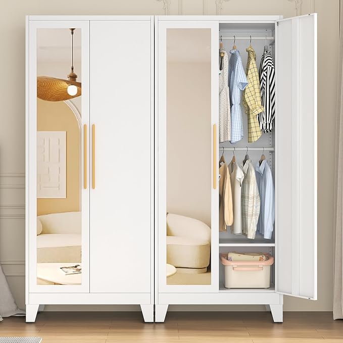 72" Tall Metal Armoire Wardrobe Closet - Large Clothing Storage Cabinet with Mirror Doors, 2 Hanging Rod & Adjustable Shelve - Closet Organizer for Bedroom, Office, Laundry Room, Garage - White