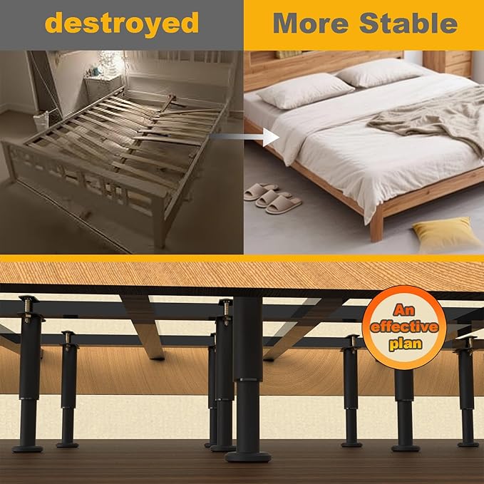 6 Pack Adjustable Bed Support Legs 7.3"-12.6", Heavy Duty Thick Carbon Steel Bed Legs Replacement with Rubber Pads, Easy Install on Bed Frame or Slats