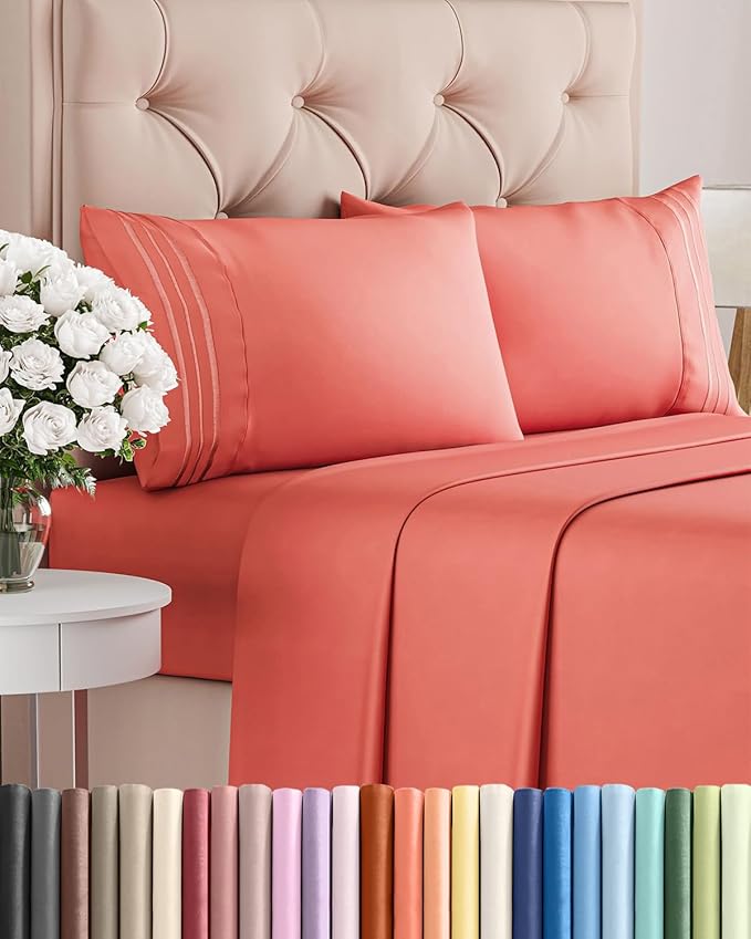 King Size 4 Piece Sheet Set - Comfy Breathable & Cooling Sheets - Hotel Luxury Bed Sheets for Women & Men - Deep Pockets, Easy-Fit, Extra Soft and Wrinkle Free Sheets - Coral Oeko-Tex Bed Sheet Set