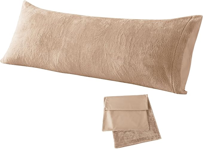 Whatsbedding Sherpa Body Pillow Cover, Ultra Soft Faux Fur Body Pillowcase, Luxury Shaggy Plush Long Pillowcase, Envelope Closure - Khaki (20x54 inch)