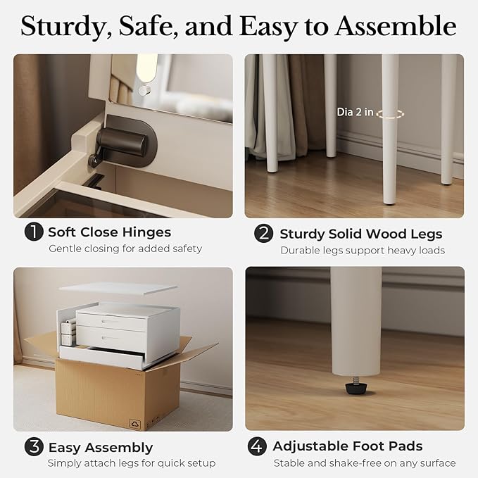 Muwuele Solid Wood Small Vanity Desk with Mirror and Lights, Narrow Makeup Vanity for Small Space, Flip Top Vanity Side Table, 3 Color Modes & Adjustable Brightness, 23.6" Slim Dressing Table, White