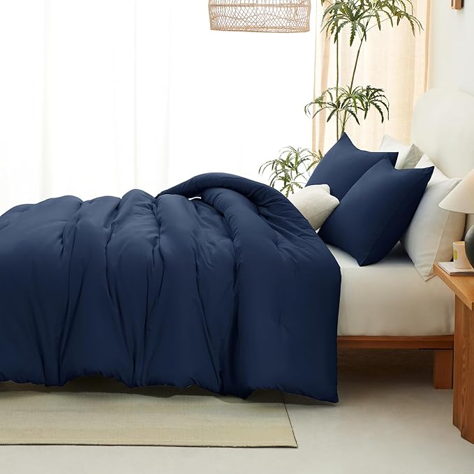 CozyLux Oversized Queen Comforter Set Navy Blue, 3 Pieces 98x98 Solid Breathable Quilted Bedding Sets for All Season, Luxury Soft Lightweight Bed Set with Down Alternative Comforter and 2 Pillowcases
