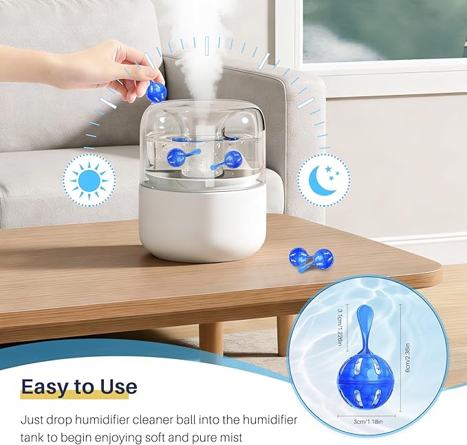12 Pack Humidifier Cleaner, Humidifier Tank Cleaner Balls compatible with All humidifiers and Fish Tanks, Purifies Water, Prevents Hard Water Build-Up, Reduces Scale to improve Humidification