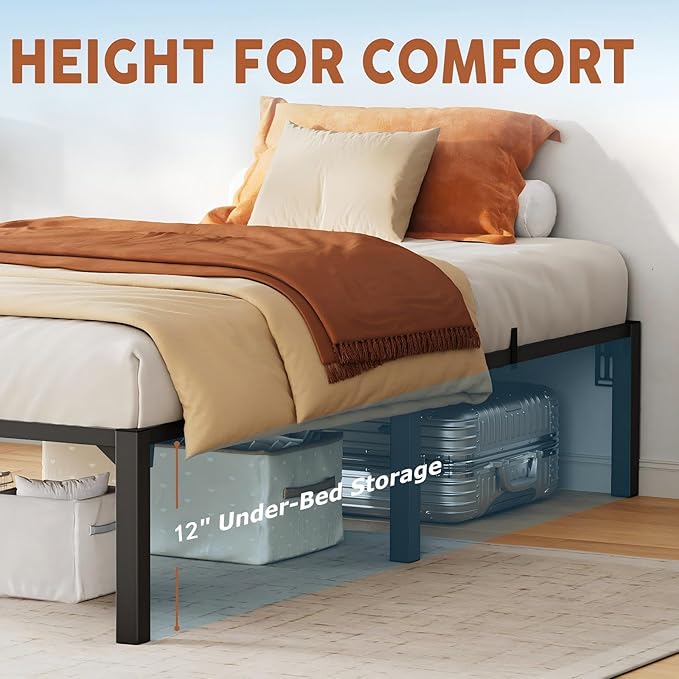 14 Inch Twin Metal Bed Frame, Heavy Duty Metal Platform Bed Frame with Reinforced Slats Support, 800 Lbs Load Capacity, Noise Free, No Box Spring Needed and Screws , Tool-Free Assembly Bed Frame