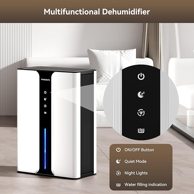 PTHRAOUTA Home Dehumidifier with Drain Hose, (950 sq.ft) 95oz Quiet dehumidifier for Bathroom Bedroom, with Air Reusable Filter Indoor deshumidificador for Basement RV Closet