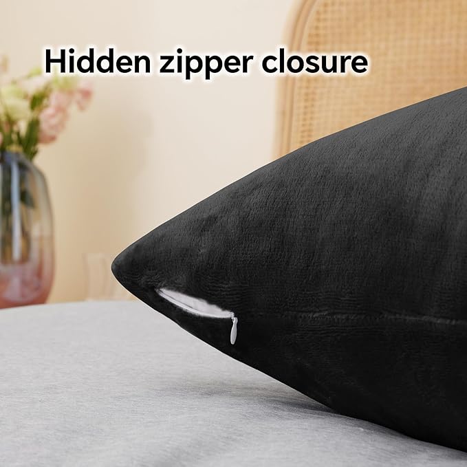 BEDELITE Flannel King Size Pillow Cases Set of 2, Super Soft Fleece Pillowcases with Zipper for Bedroom, Sofa, Couch,Luxury Cozy Fuzzy Velvet Pillow Shams for All Seasons(20x36 Inches,Black)