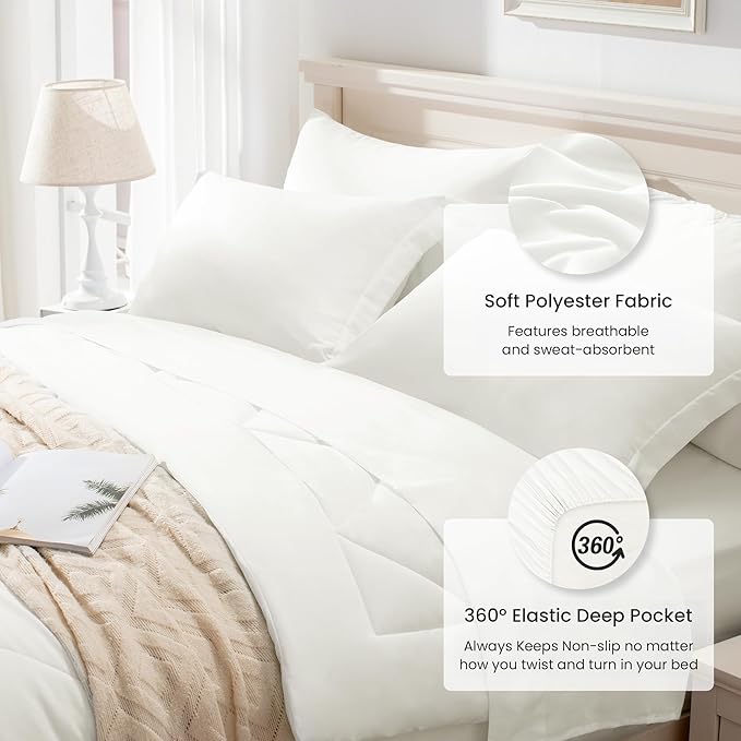 Love's cabin King Size Comforter Set Ivory, 7 Pieces King Bed in a Bag, All Season Bedding Sets with 1 Comforter, 1 Flat Sheet, 1 Fitted Sheet, 2 Pillowcase and 2 Pillow Sham | Soft, Breathable, Lightweight, Comfortable