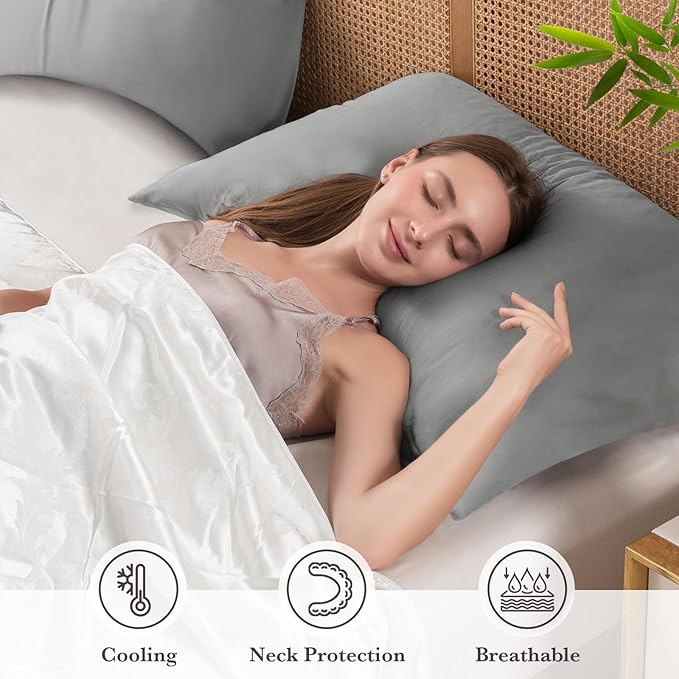 Curved Pillow Case Queen Size, Side Sleeper Pillow Cases Cover Cooling Rayon Derived from Bamboo with Zipper for hot Sleepers Hair and Skin, Breathable Silky Soft Pillowcase 1 Pack 20 * 30 Inches