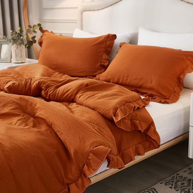 Burnt Orange Pillowcases Cute Pillow Cover Rust Ruffle Queen Set of 2 Shabby Chic Caramel Pillowcases 2 Pack (Queen (20''x30''), Caramel)