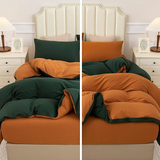 PURE ERA Jersey Knit Duvet Cover Set 100% T-Shirt Cotton Super Soft Comfy 3pc Bedding Set with Zipper Closure (Solid Forest Green/Burnt Orange, King)