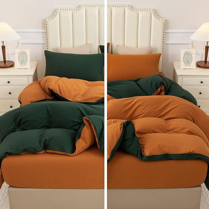 PURE ERA Jersey Knit Duvet Cover Set 100% T-Shirt Cotton Super Soft Comfy 3pc Bedding Set with Zipper Closure (Solid Forest Green/Burnt Orange, Queen)