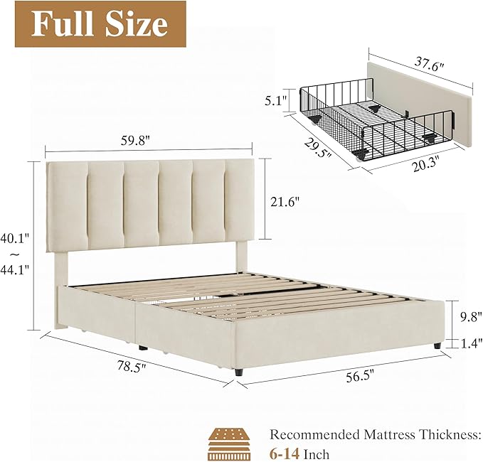 VECELO Full Size Bed Frame with 4 Storage Drawers, Adjustable Height Headboard, Heavy-Duty Platform Bedframe with Strong Wooden Slats, No Box Spring Needed, Pale Beige