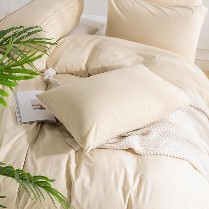 NEXHOME PRO Duvet Cover Set King Size Linen Look Textured Organic Natural 100% Washed Cotton Duvet Cover 3 Pieces Bedding Set with Zipper (No Comforter)