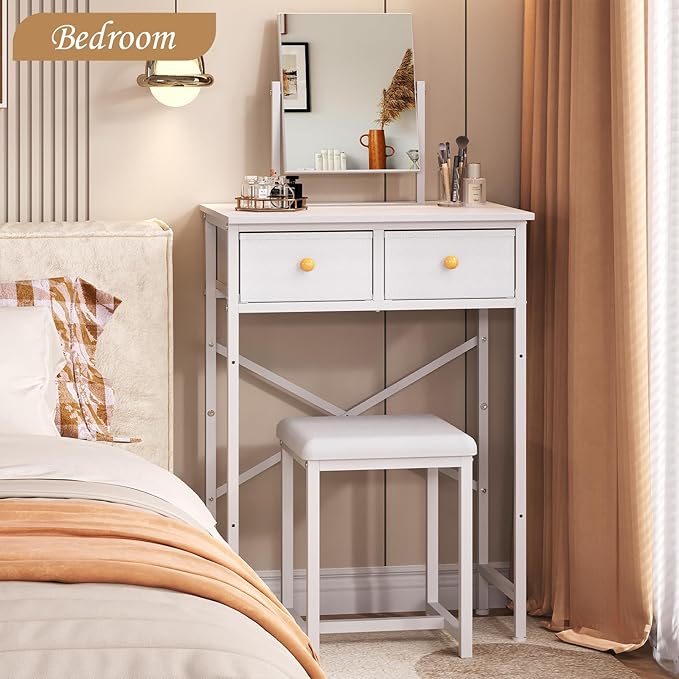X-cosrack Small Makeup Vanity Desk with Mirror & Chair, Mini Vanity Desk Table Set with Fabric Storage Drawer, 19.7" Compact Vanity Desk for Kids, Girls, Dressing Table with Chair for Bedroom, White