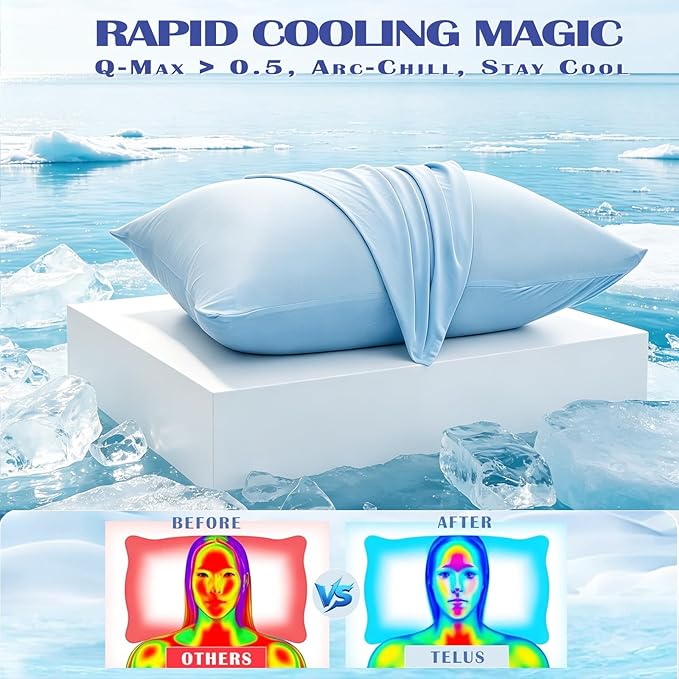 TELUS Cooling Pillowcases King Size 2-Pack, Silky Soft Breathable Pillow Case with Envelope Close, Stay Cool Pillow Cover for Hot Sleepers and Night Sweats, 20x36 Inch, Sky Blue