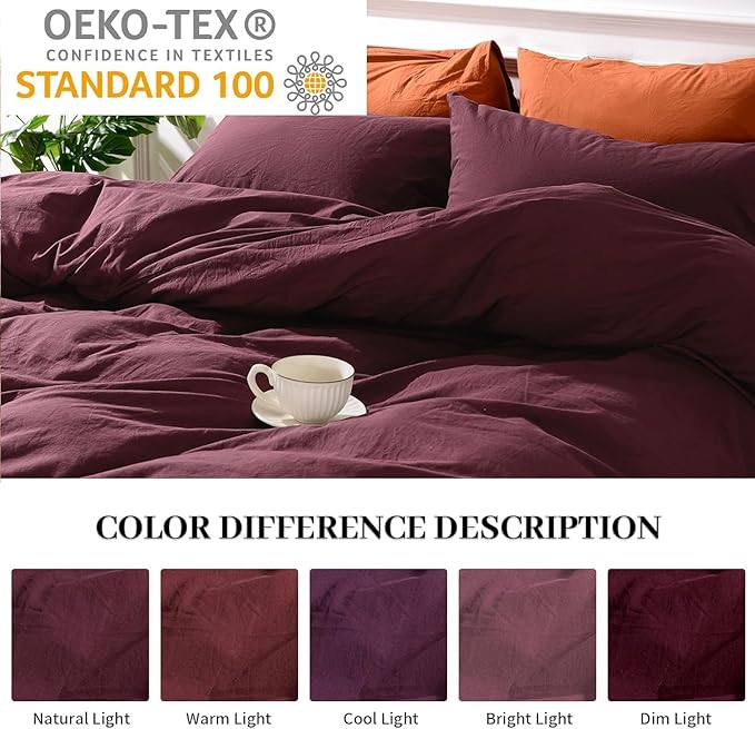 NEXHOME PRO Duvet Cover Set 100% Washed Cotton Oversized King 120"x98" Linen Feel Textured Organic Natural 3 Pieces Bedding Set Terracotta Burnt Orange with Zipper Closure Breathable(No Comforter)