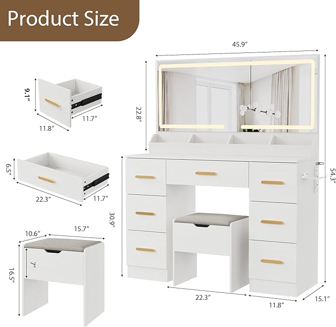 Garvee Vanity Desk with Large Mirror and Lights, 45.9 in Makeup Vanity Desk, 3 Lighting Modes Adjustable Brightness, Vanity Table with Power Outlet & 8 Drawers, for Powder Room and Bedroom