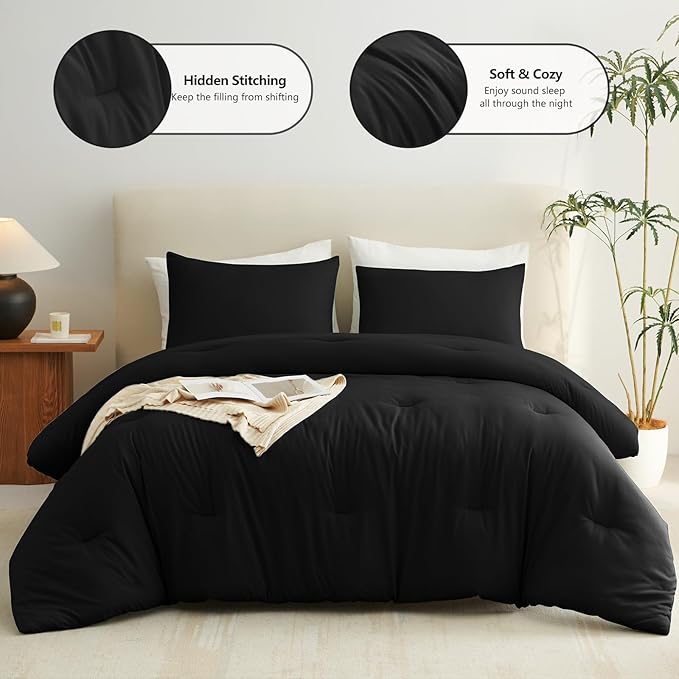 CozyLux Super King Plus Comforter Set Black, 3 Pieces 128x120 Solid Breathable Quilted Bedding Sets for All Season, Luxury Lightweight Soft Bed Set with Down Alternative Comforter and 2 Pillowcases