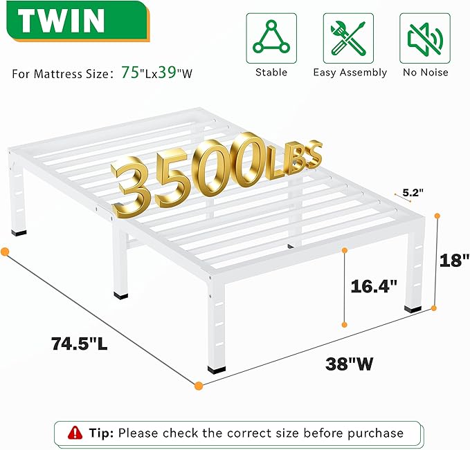 18 Inch Twin Bed Frames, Heavy Duty Metal Platform 3500 lbs Capacity, No Box Spring Needed, 6 Mattress Slide Stopper, Headboard Holes, Noise-Free, Easy Assembly, White