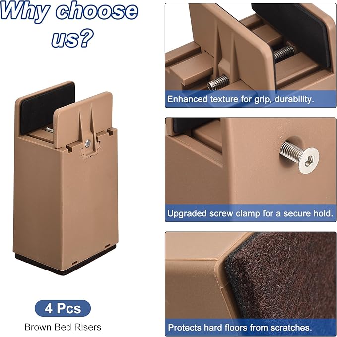 uxcell 4 inch Bed Risers with Adjustable Screw Clamp, 4Pcs Furniture Risers for Bed, Desk, Sofa, Table, Fit for Furniture Thickness 0.39-1.45", Supports 5000 Pounds, Brown
