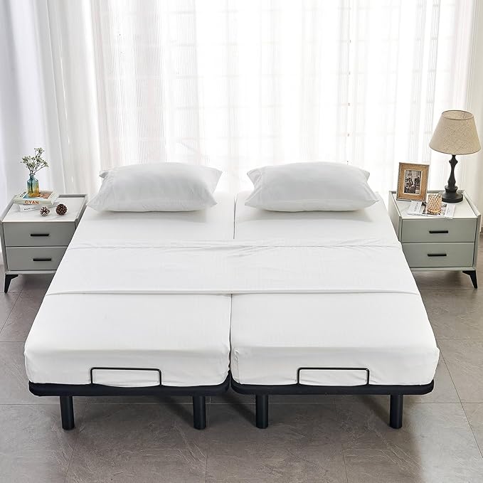 Kingnex Striped Split King Sheets Sets for Adjustable Bed with Deep Pocket Ultra Soft 1800 Brushed Microfiber 5 Pieces Include 2 Twin XL 39x80 Fitted Sheets 1 Flat Sheet 2 King Size Pillowcases White