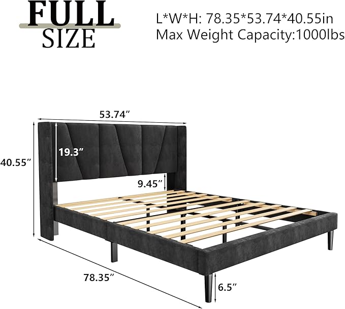 HAOARA Full Bed Frame with Headboard, Velvet Upholstered Platform Bed Frames with Wingboard, Contemporary Mattress Foundation, Noise Free, No Box Spring Needed, Easy Assembly, Black