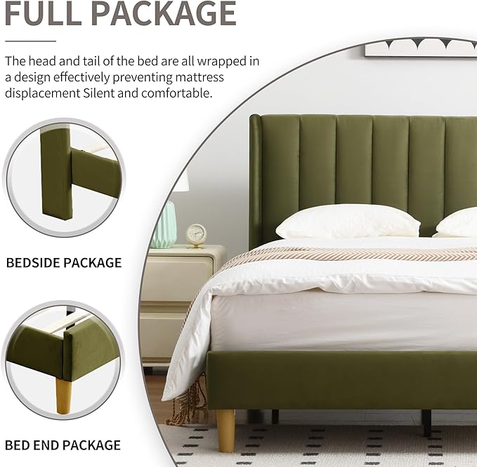 YUHUASHI upholstered Platform Bed Frame/Twin Bed Frame/Modern Geometric Double-Wing Design headboard/Velvet Fabric/Easy to Assemble no Noise (Grass Green, Twin)